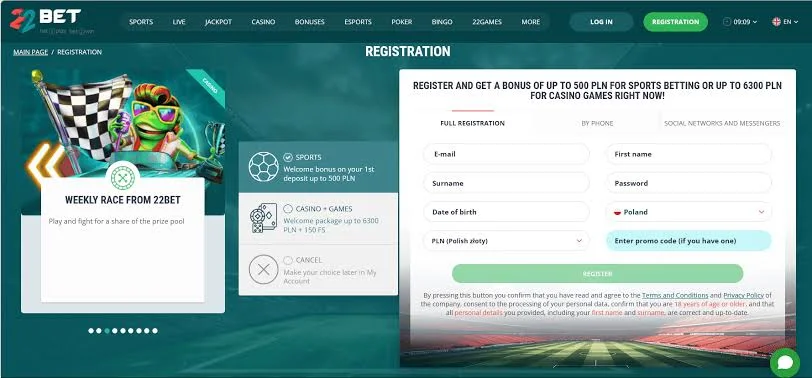Registrazione account 22Bet